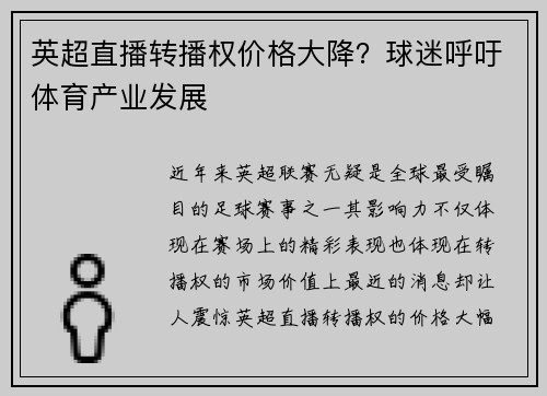 英超直播转播权价格大降？球迷呼吁体育产业发展